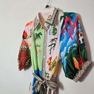 Sunday Up Tropical Postcard Print Linen Blend Button Front Mini Dress POCKETS S